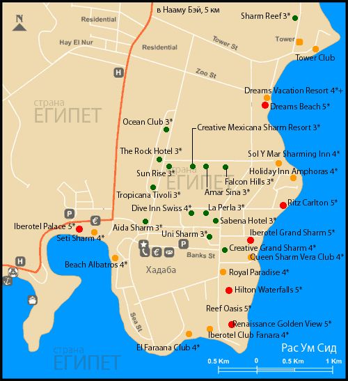Египет. Карта отелей в бухте Рас Ум Сид.