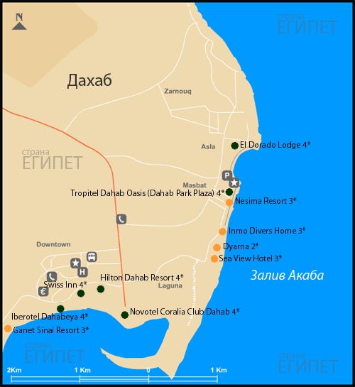 Египет. Карта Дахаба с отелями.
